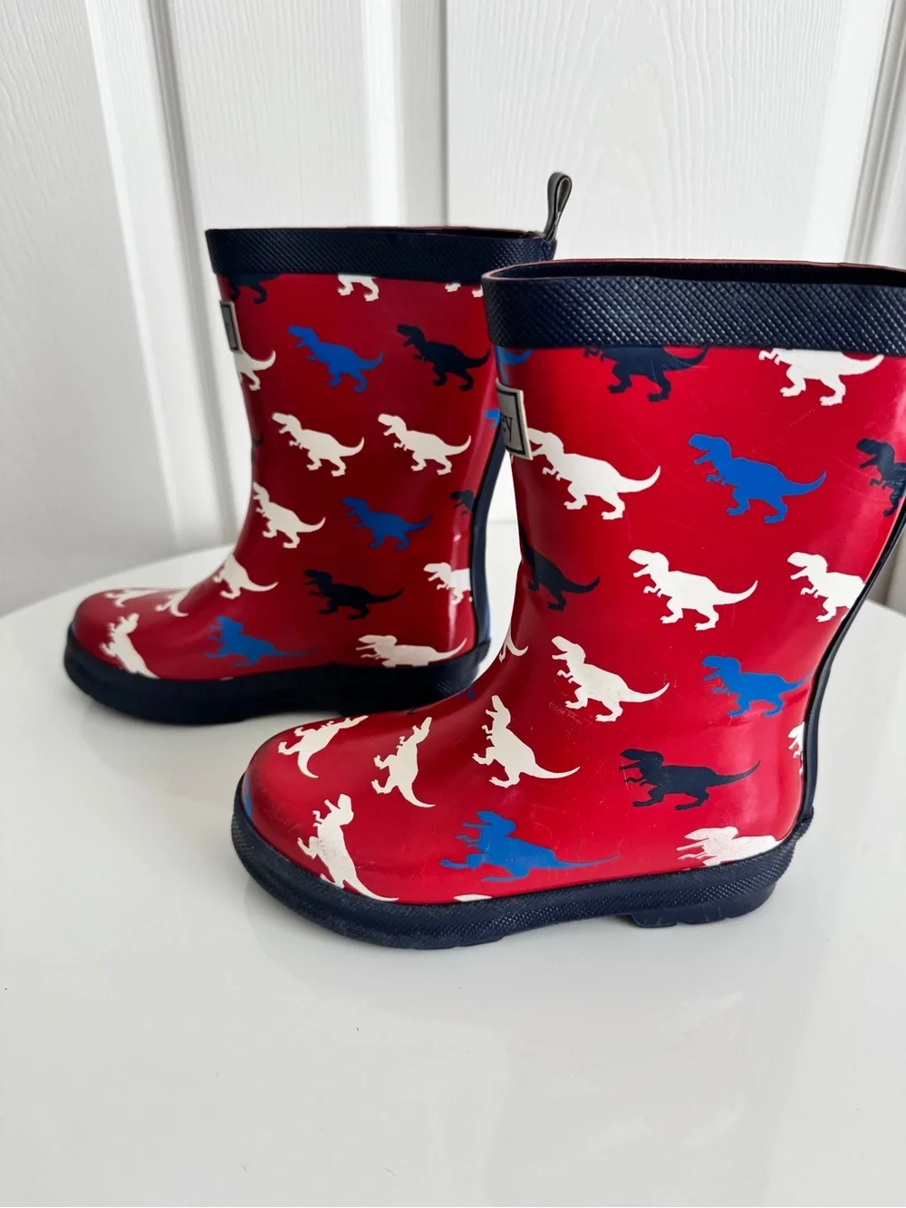 Hatley Red Rain Boots with Blue, White & Black T-Rex Dinosaur Print, size 11